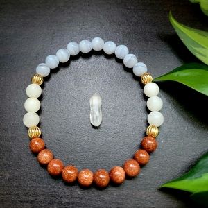 Blue Chalcedony, Goldstone, & White Quartz Bracelet